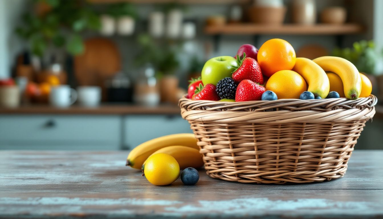 Basket of assorted fresh fruits on table.
