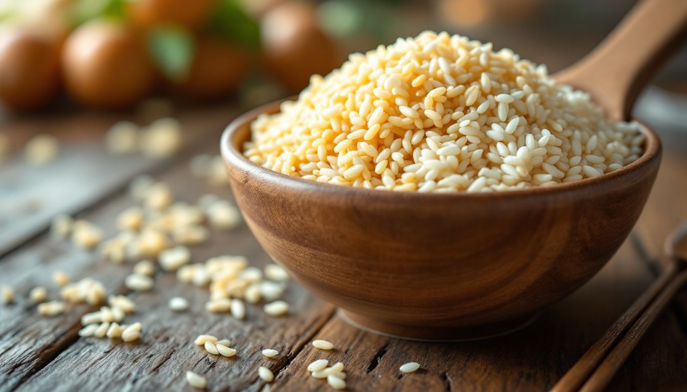 Wooden bowl filled with uncooked rice grains.