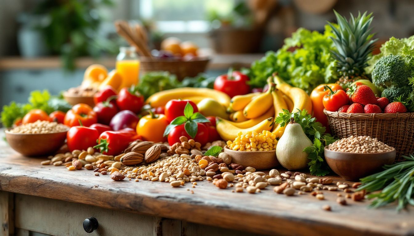 Assorted fruits, vegetables, nuts, seeds on wooden table.