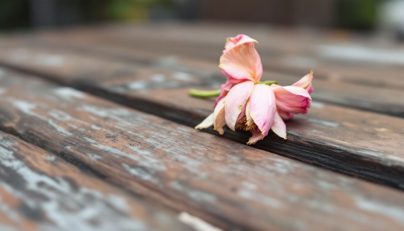 Wilted pink flower on wooden table