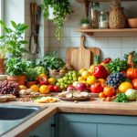 Colorful fruits and vegetables on a kitchen counter.