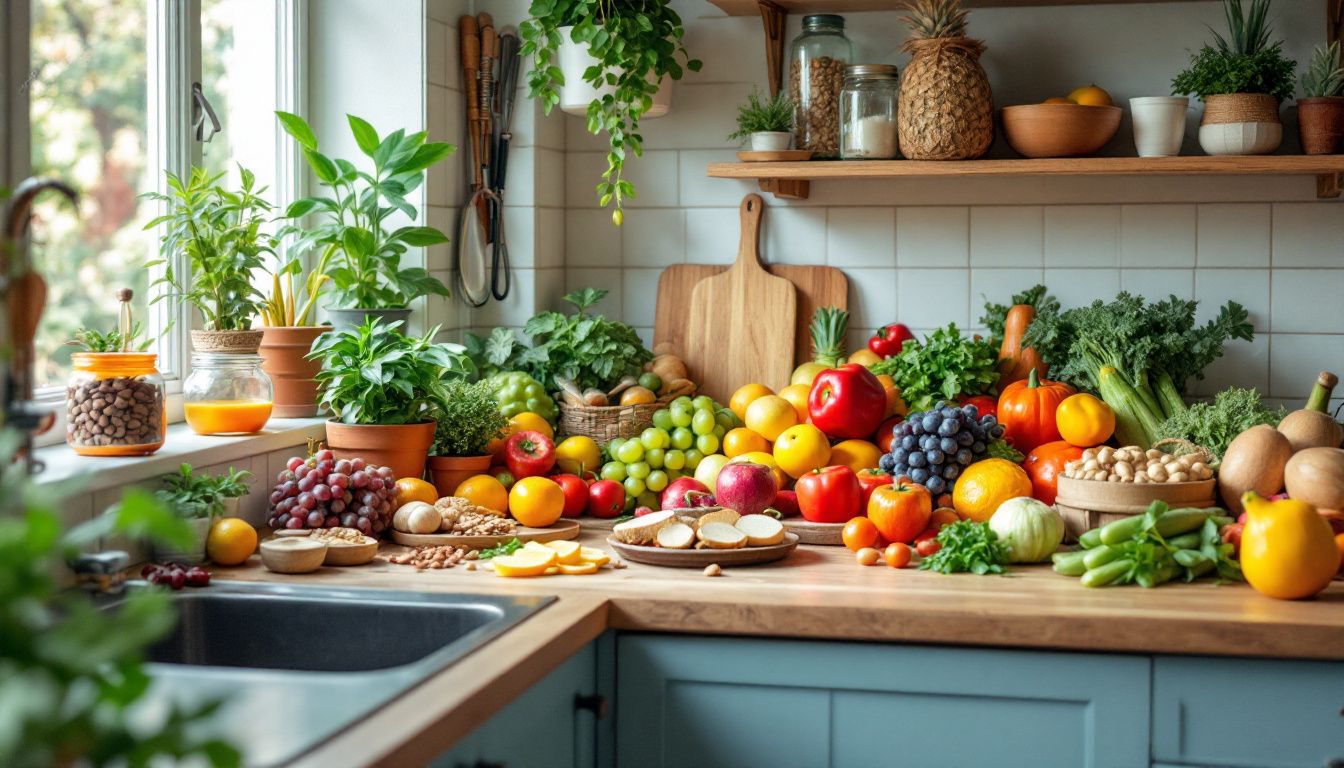 Colorful fruits and vegetables on a kitchen counter.
