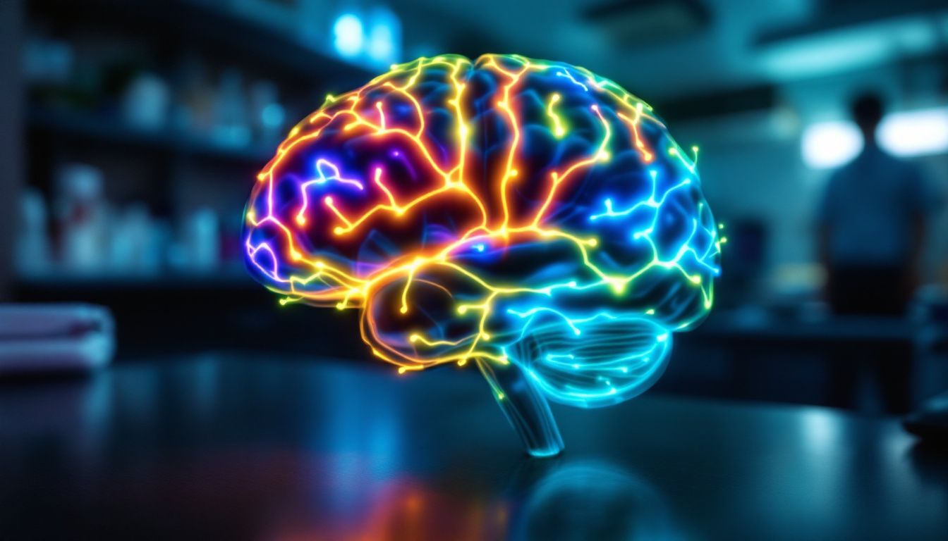 Colorful neon brain with glowing neural pathways.