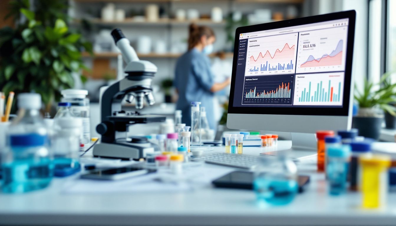 Laboratory desk with computer and microscope