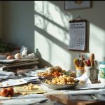 Messy kitchen table with calendar and scattered papers.