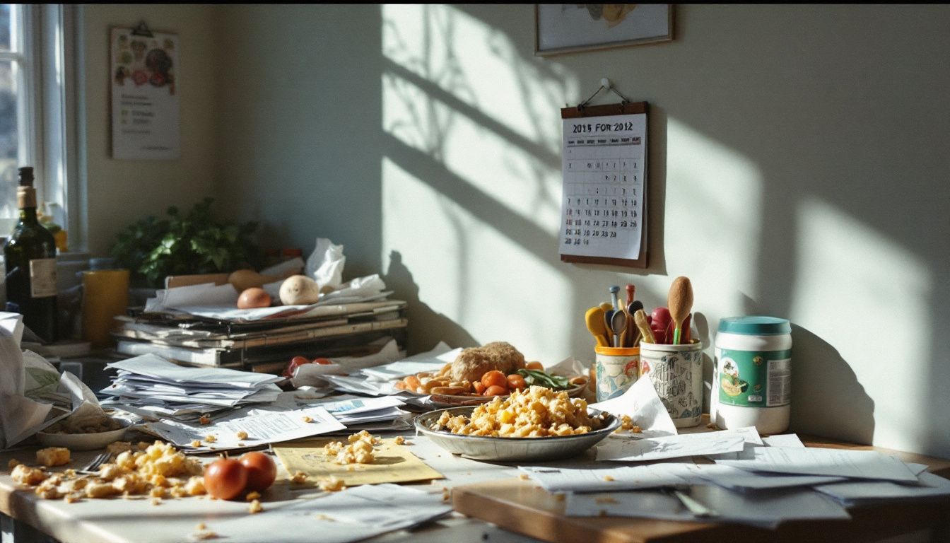 Messy kitchen table with calendar and scattered papers.
