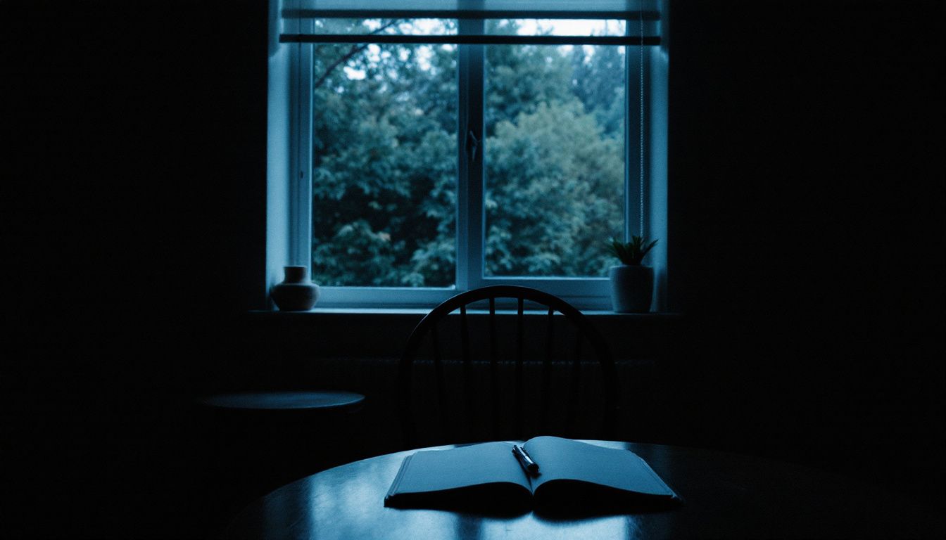 Open notebook on table near dimly lit window.