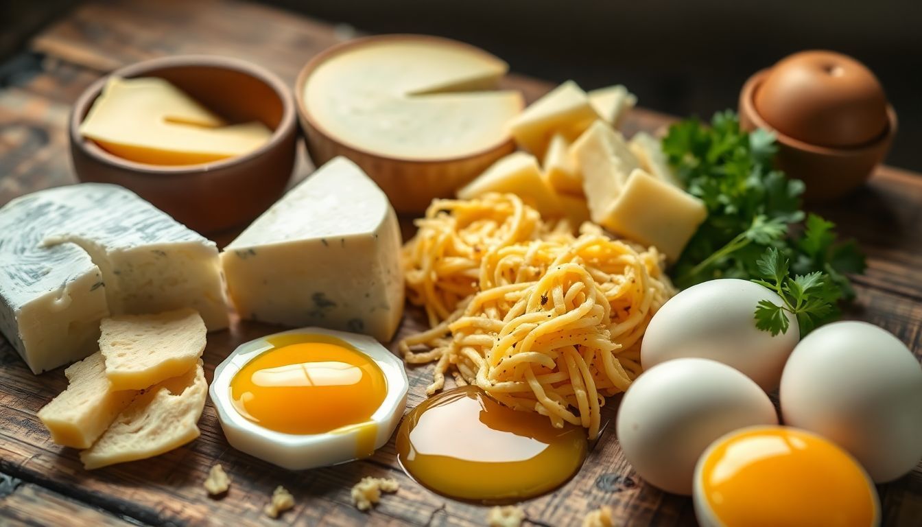 Close-up of Vitamin K2-rich foods promoting bone health on rustic table. Close-up of Vitamin K2-rich foods promoting bone health on rustic table.