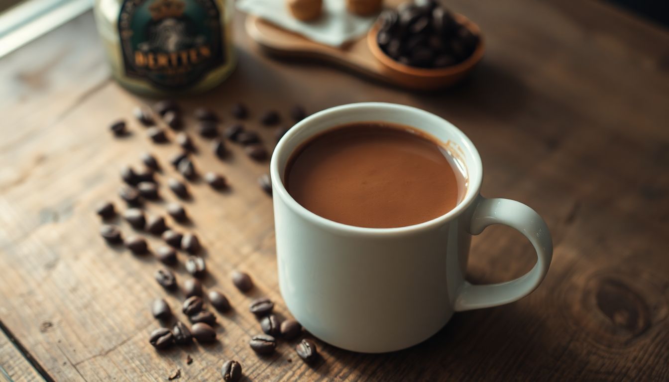 A mug of hot cocoa on a wooden table with cocoa beans. A mug of hot cocoa on a wooden table with cocoa beans.