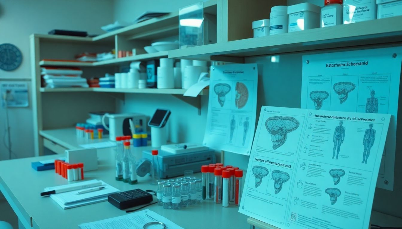 A cluttered medical laboratory bench with test tubes and research papers.