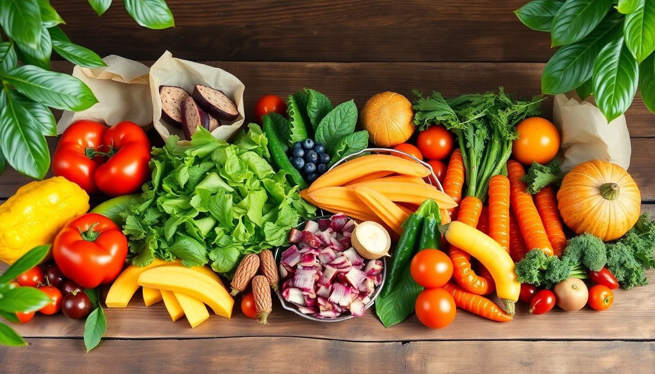 A display of fresh, colorful plant-based foods on a rustic table. A display of fresh, colorful plant-based foods on a rustic table.