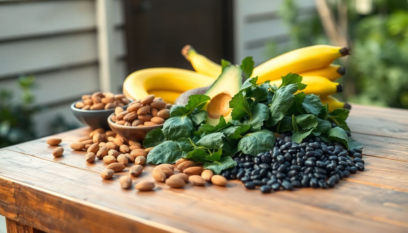 A variety of magnesium-rich foods artfully arranged on a rustic table. A variety of magnesium-rich foods artfully arranged on a rustic table.
