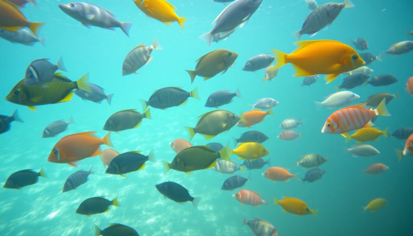Colorful fish swimming in natural ocean habitat, with patterns of light. Colorful fish swimming in natural ocean habitat, with patterns of light.