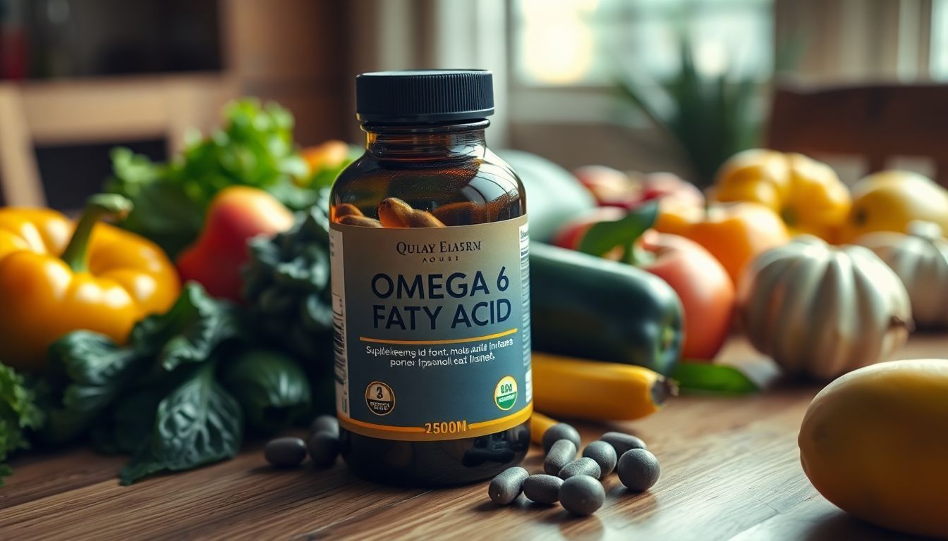 A bottle of Omega-6 supplements surrounded by fresh fruits and vegetables. A bottle of Omega-6 supplements surrounded by fresh fruits and vegetables.
