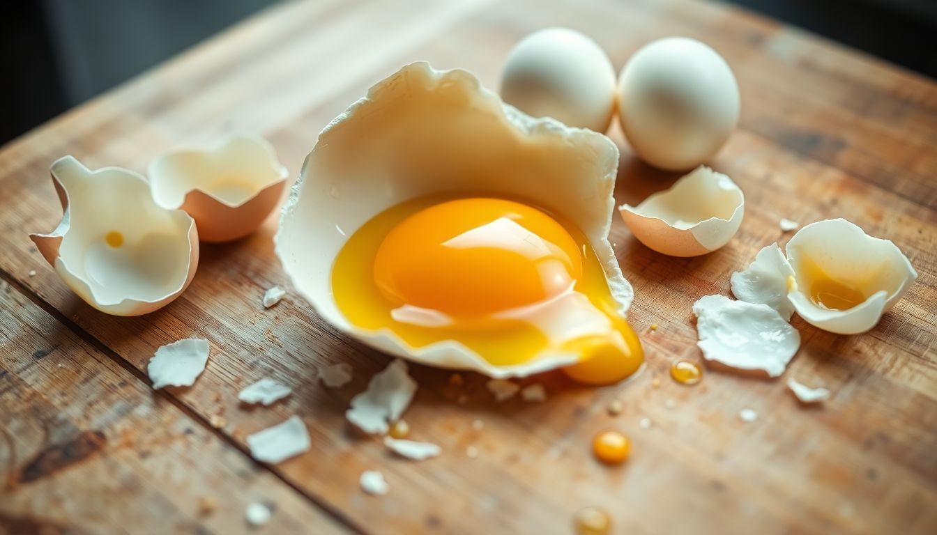 A cracked egg on a wooden board with spilled yolk and shells. A cracked egg on a wooden board with spilled yolk and shells.