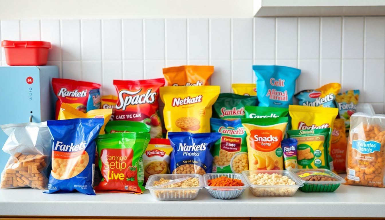 The cluttered kitchen counter is filled with vibrant ultra-processed food. The cluttered kitchen counter is filled with vibrant ultra-processed food.