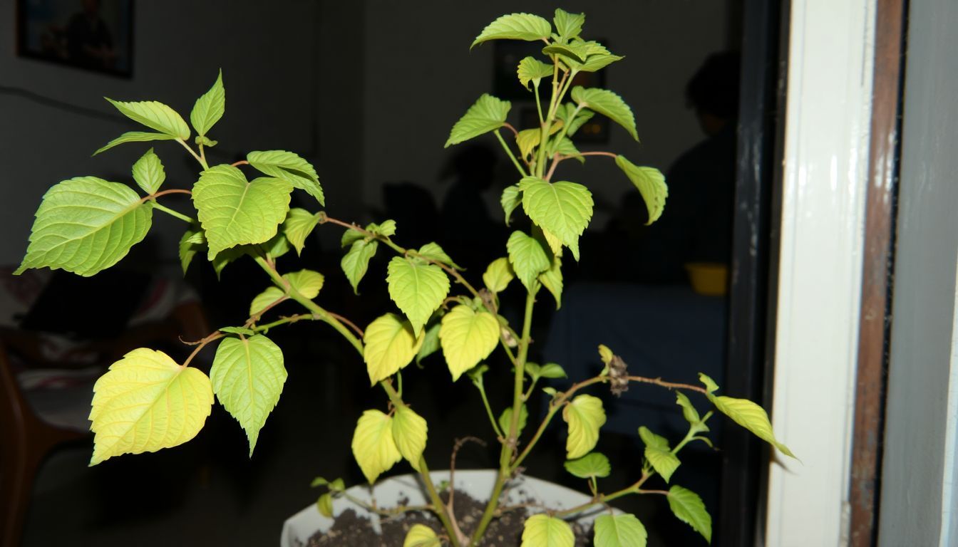 A wilting plant in a dim room with yellowing leaves and dry soil. A wilting plant in a dim room with yellowing leaves and dry soil.