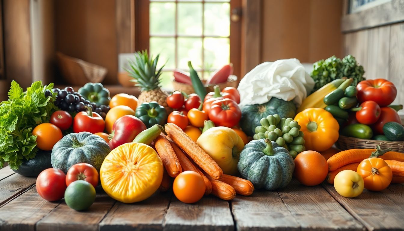 A variety of fruits and vegetables on a rustic table. A variety of fruits and vegetables on a rustic table.