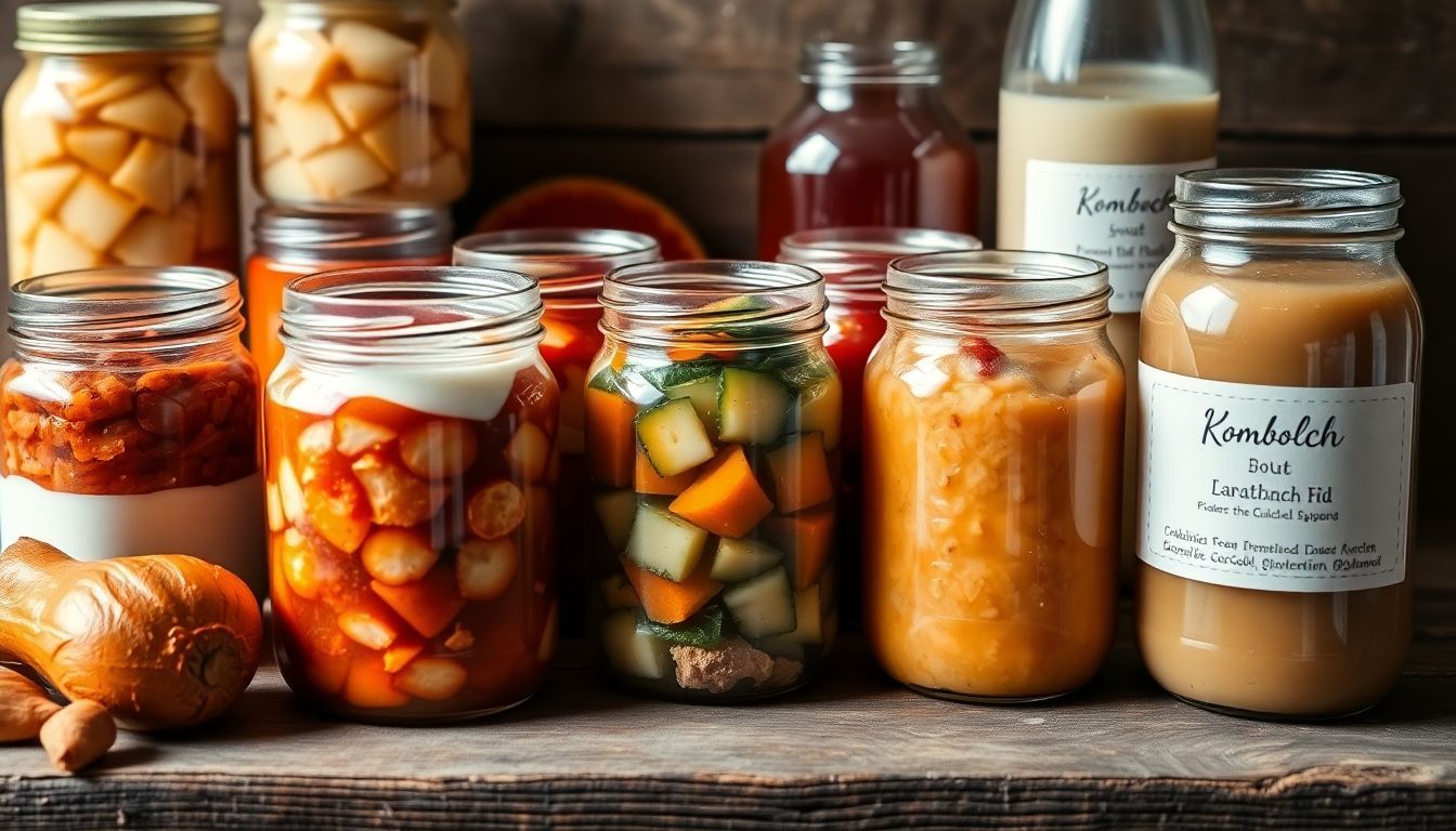 A close-up of various fermented foods displayed on a wooden table.