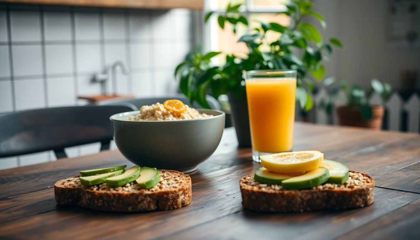 A breakfast table with oat porridge, avocado toast, and orange juice. A breakfast table with oat porridge, avocado toast, and orange juice.