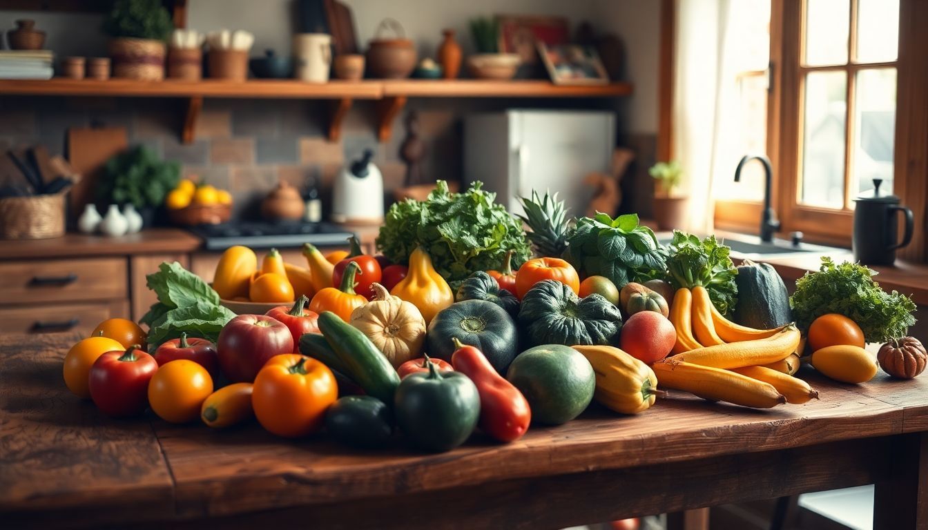 A display of fresh fruits and vegetables on a wooden table. A display of fresh fruits and vegetables on a wooden table.
