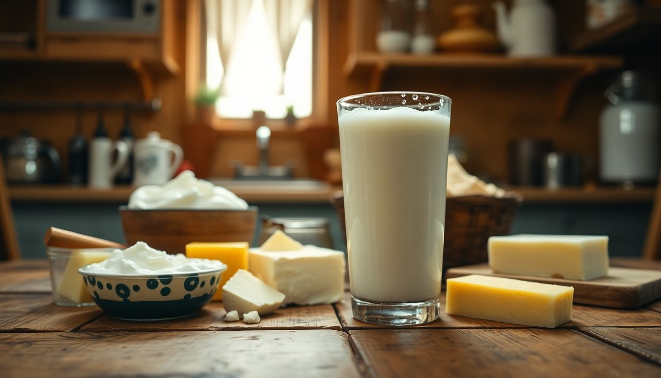 A glass of cold milk surrounded by dairy products in a cozy kitchen. A glass of cold milk surrounded by dairy products in a cozy kitchen.