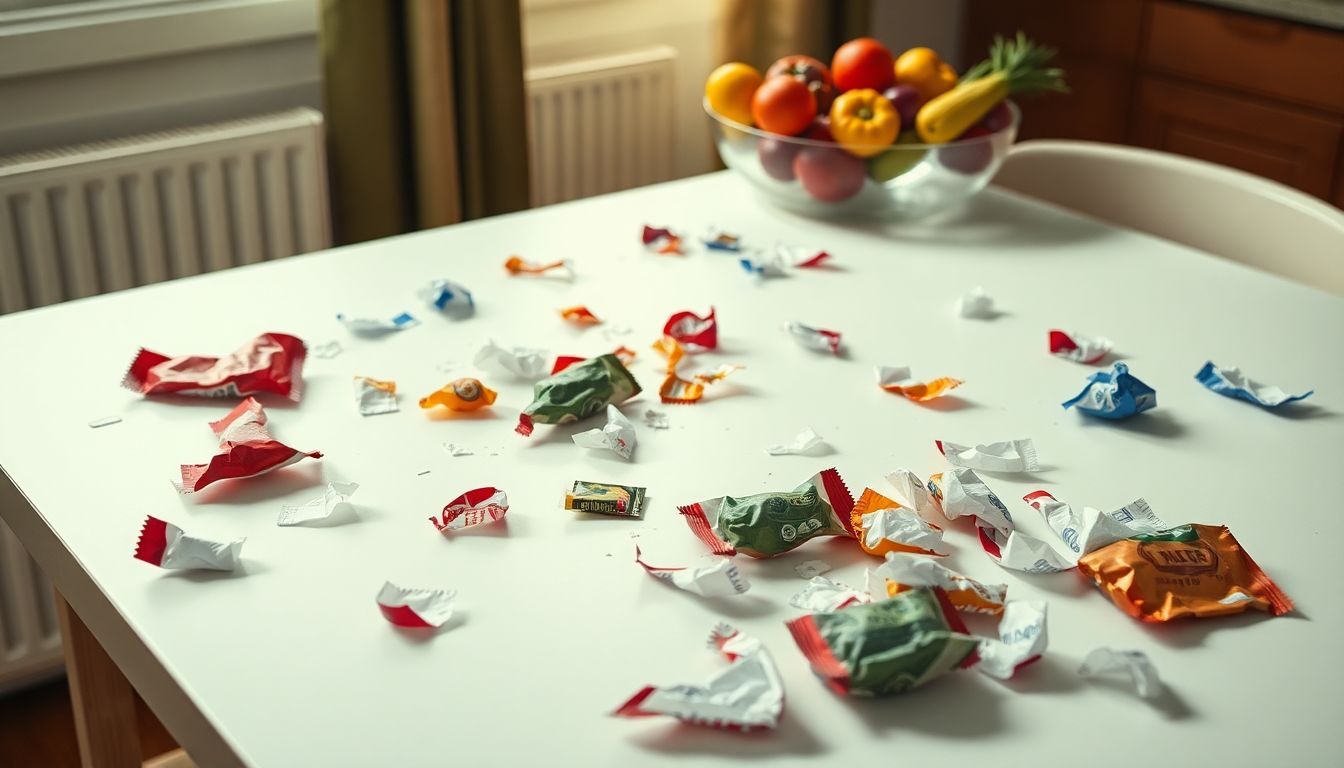 An empty kitchen table with scattered snack wrappers and a bowl of fresh produce. An empty kitchen table with scattered snack wrappers and a bowl of fresh produce.