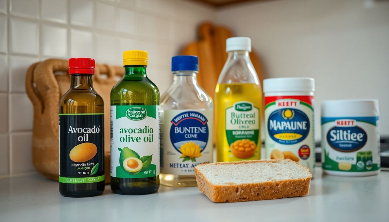 A variety of butter alternatives displayed with whole wheat bread. A variety of butter alternatives displayed with whole wheat bread.