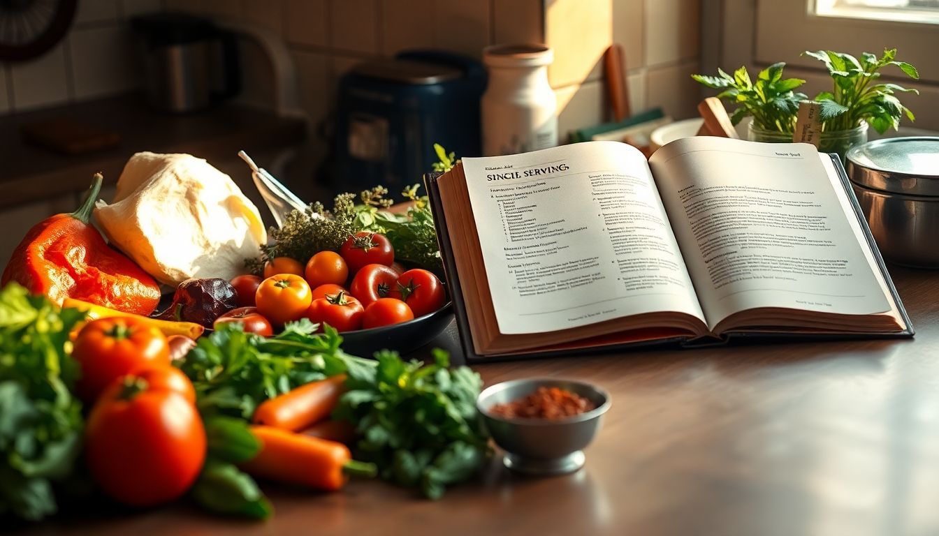 A well-stocked kitchen counter with fresh ingredients and a cookbook. A well-stocked kitchen counter with fresh ingredients and a cookbook.