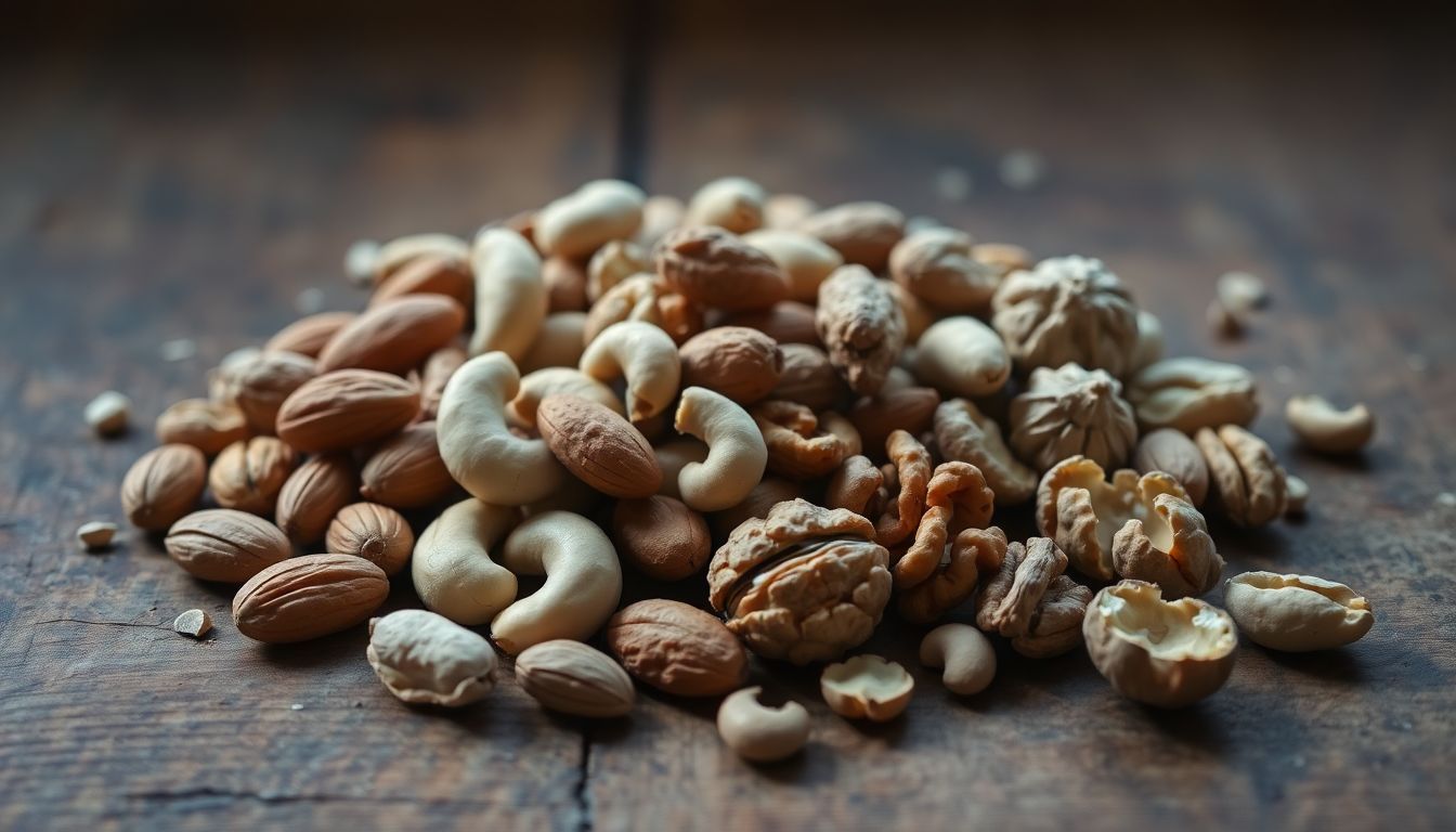 A variety of nuts arranged on a rustic wooden table. A variety of nuts arranged on a rustic wooden table.