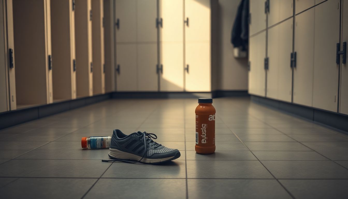 An empty gym locker room with sneakers, water bottle, and protein shake. An empty gym locker room with sneakers, water bottle, and protein shake.