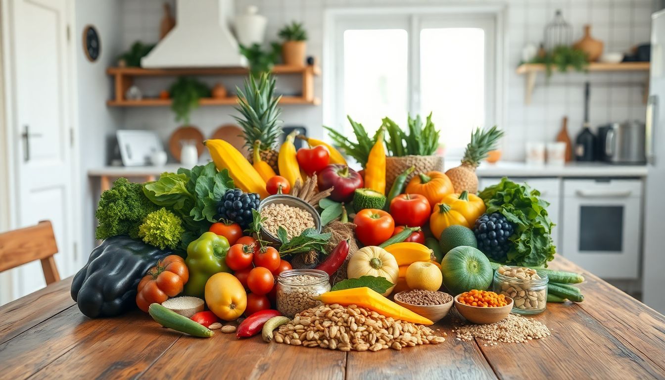A spread of fresh, healthy foods on a wooden kitchen table.