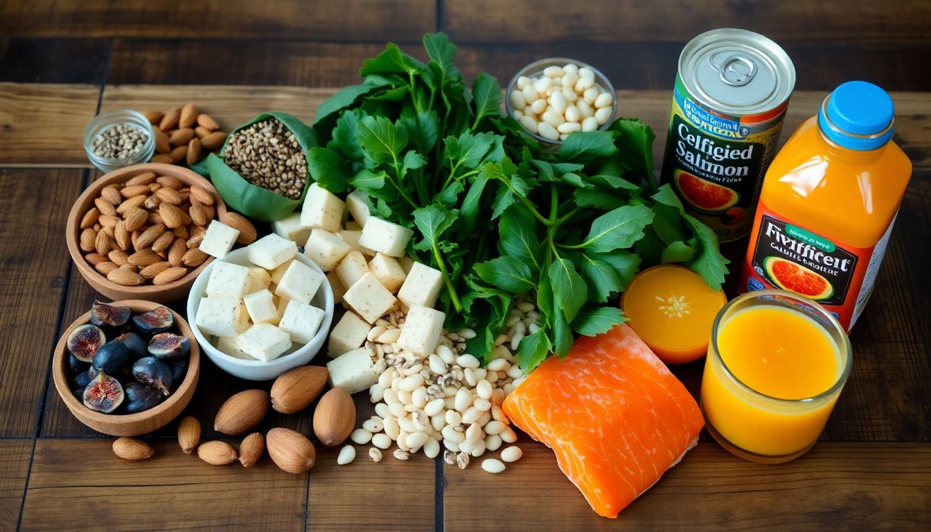 A rustic wooden table displays colorful non-dairy calcium-rich foods.
