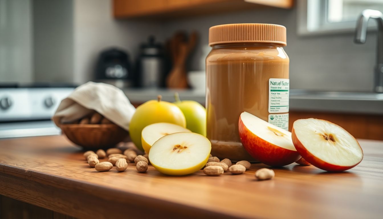 A jar of natural peanut butter with peanuts and sliced apples. A jar of natural peanut butter with peanuts and sliced apples.