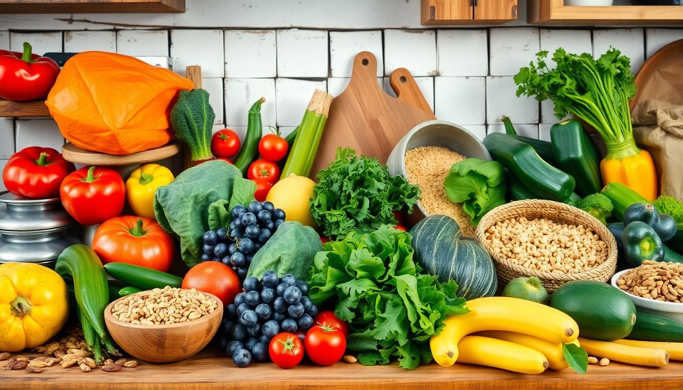 A rustic kitchen countertop filled with a colorful variety of fresh groceries. A rustic kitchen countertop filled with a colorful variety of fresh groceries.