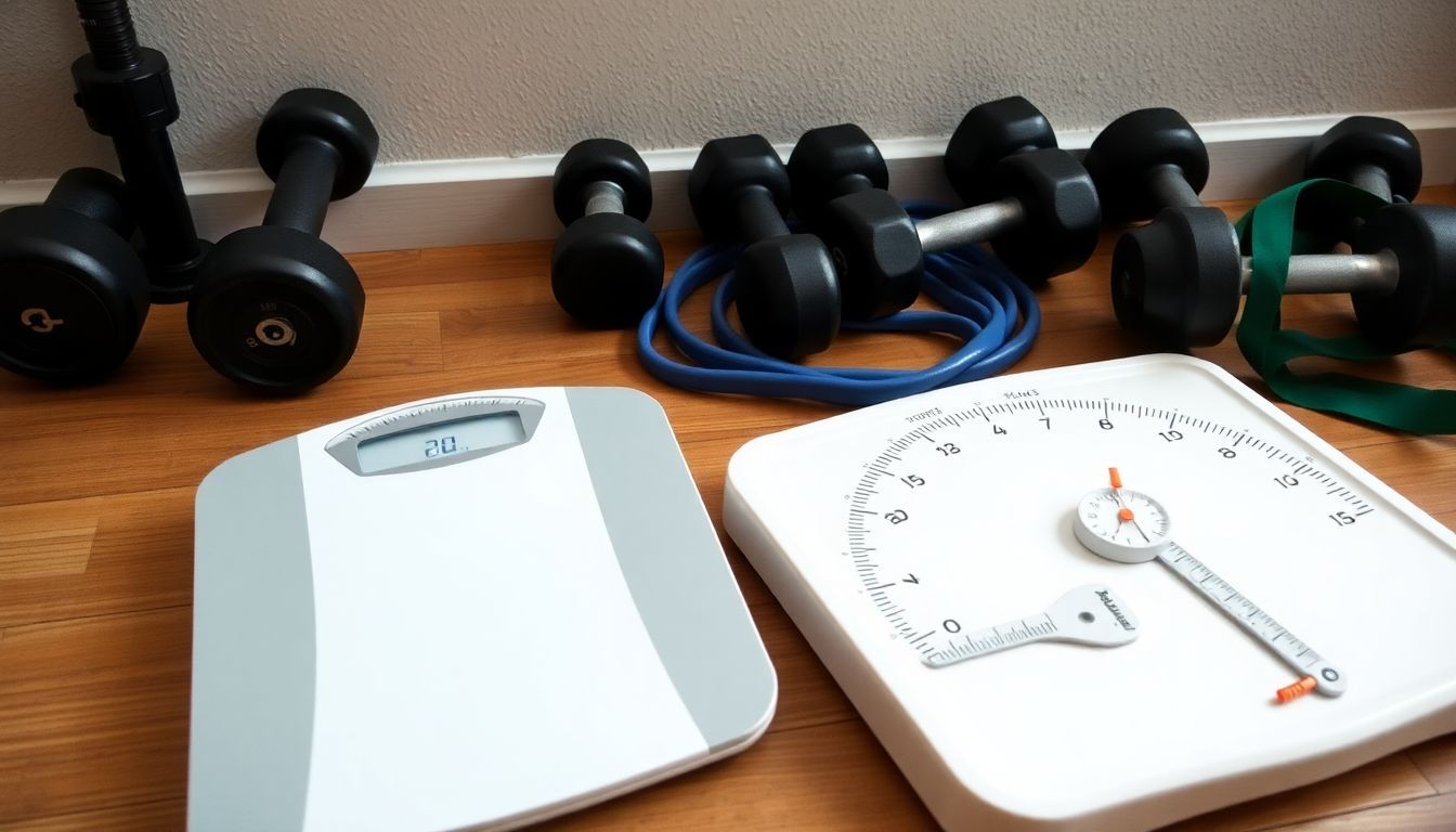 A home gym featuring bathroom scale, body fat scale, and exercise equipment.