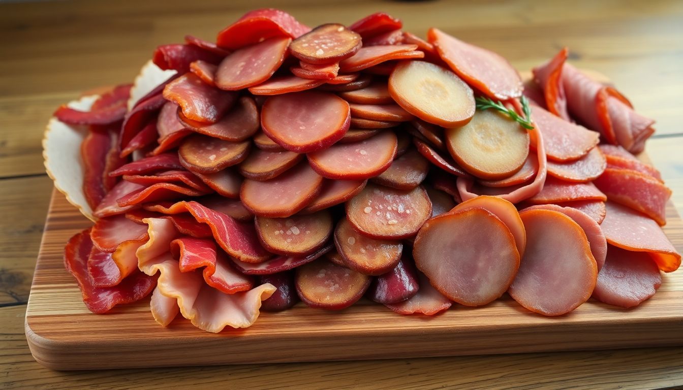 A variety of processed meats displayed on a wooden cutting board. A variety of processed meats displayed on a wooden cutting board.