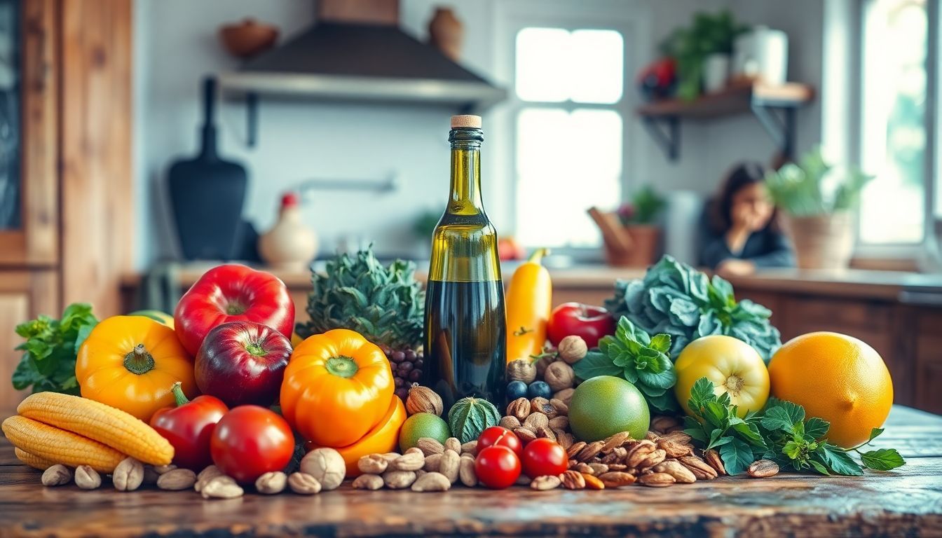 Fresh fruits, vegetables, nuts, and olive oil on a rustic table. Fresh fruits, vegetables, nuts, and olive oil on a rustic table.