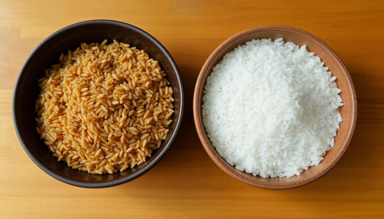Two bowls of brown and white rice on a wooden table. Two bowls of brown and white rice on a wooden table.