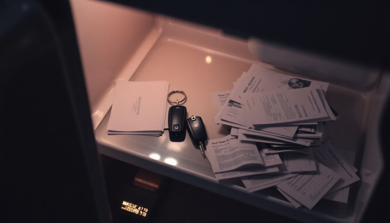 Forgotten car keys in open refrigerator, messy papers and recipe cards.