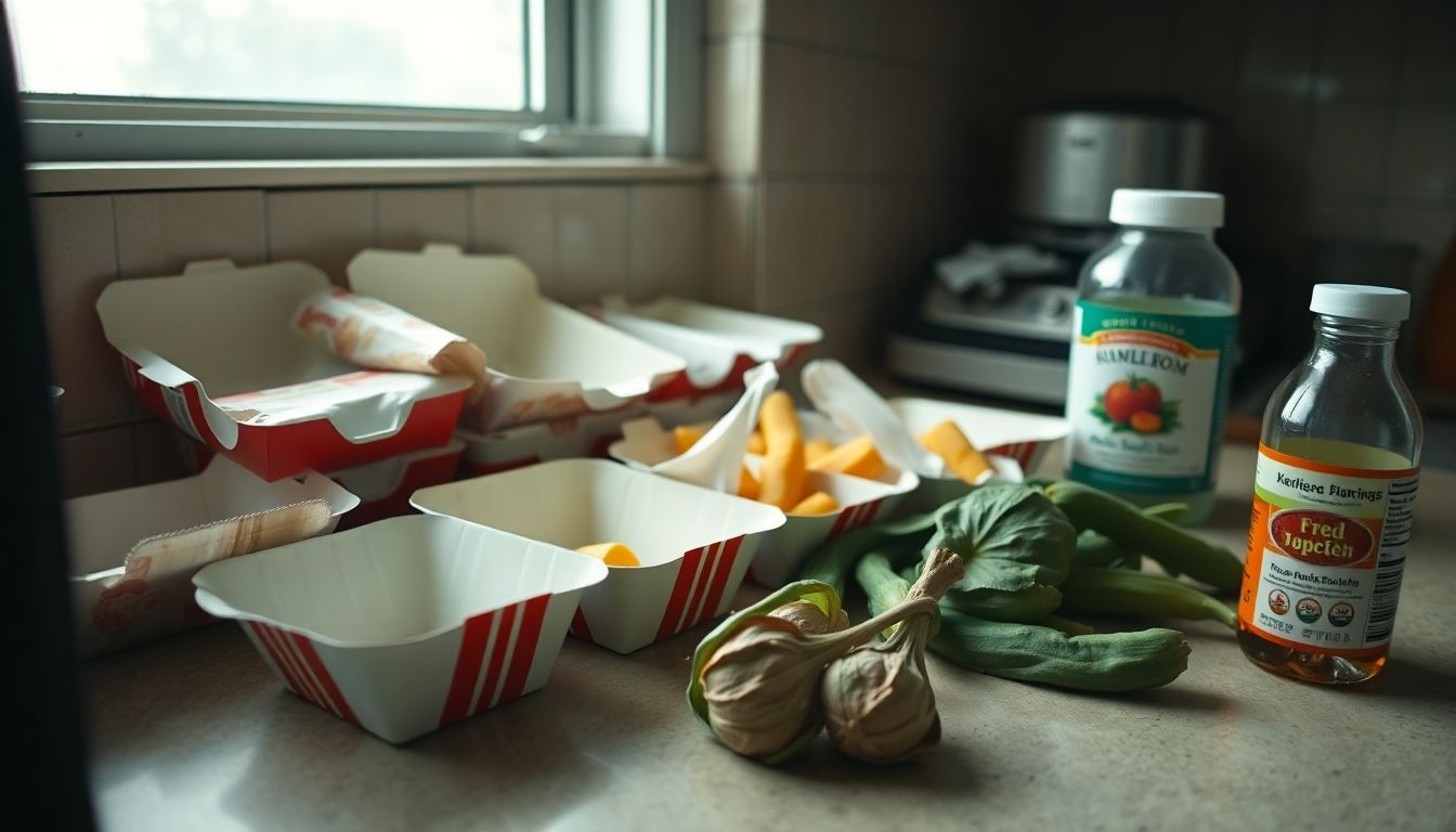 Cluttered kitchen counter with fast-food containers and wilted vegetables.