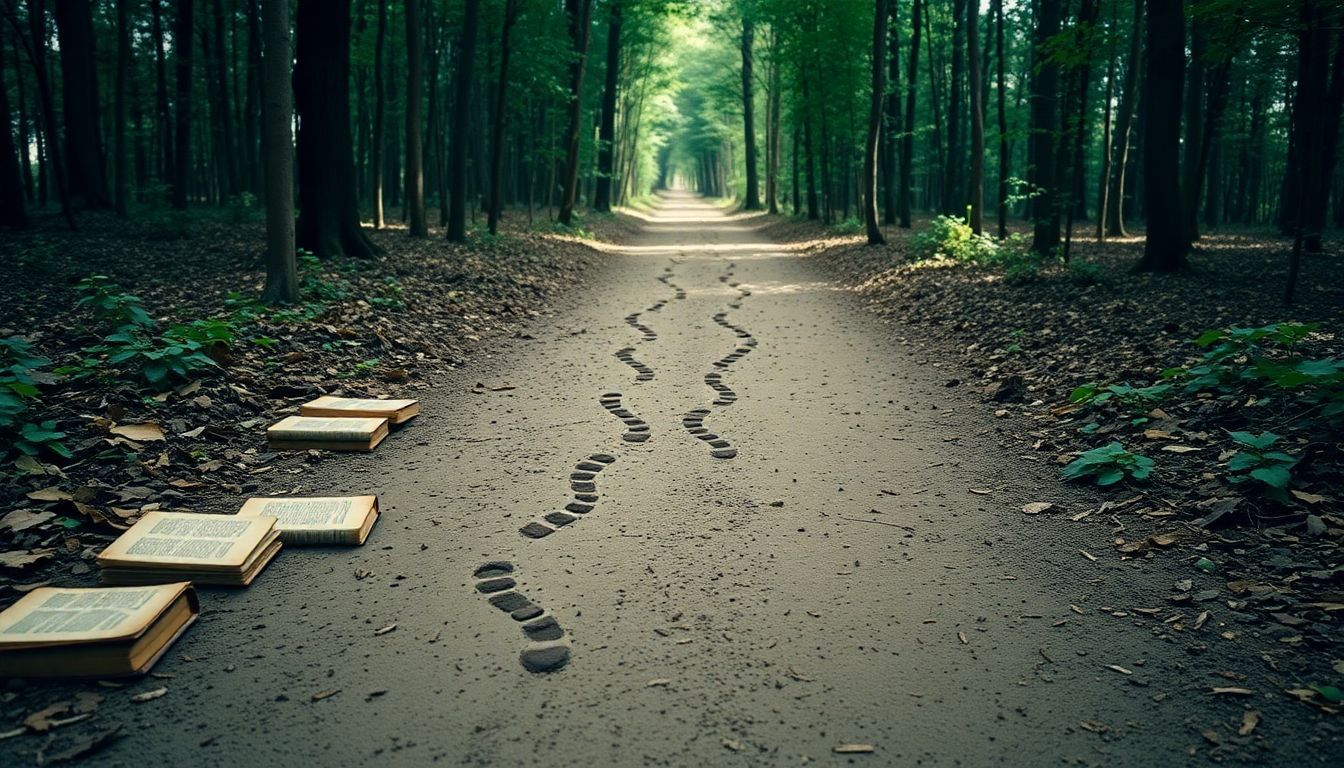 An empty forest path with scattered books and footprints suggests nostalgia. An empty forest path with scattered books and footprints suggests nostalgia.