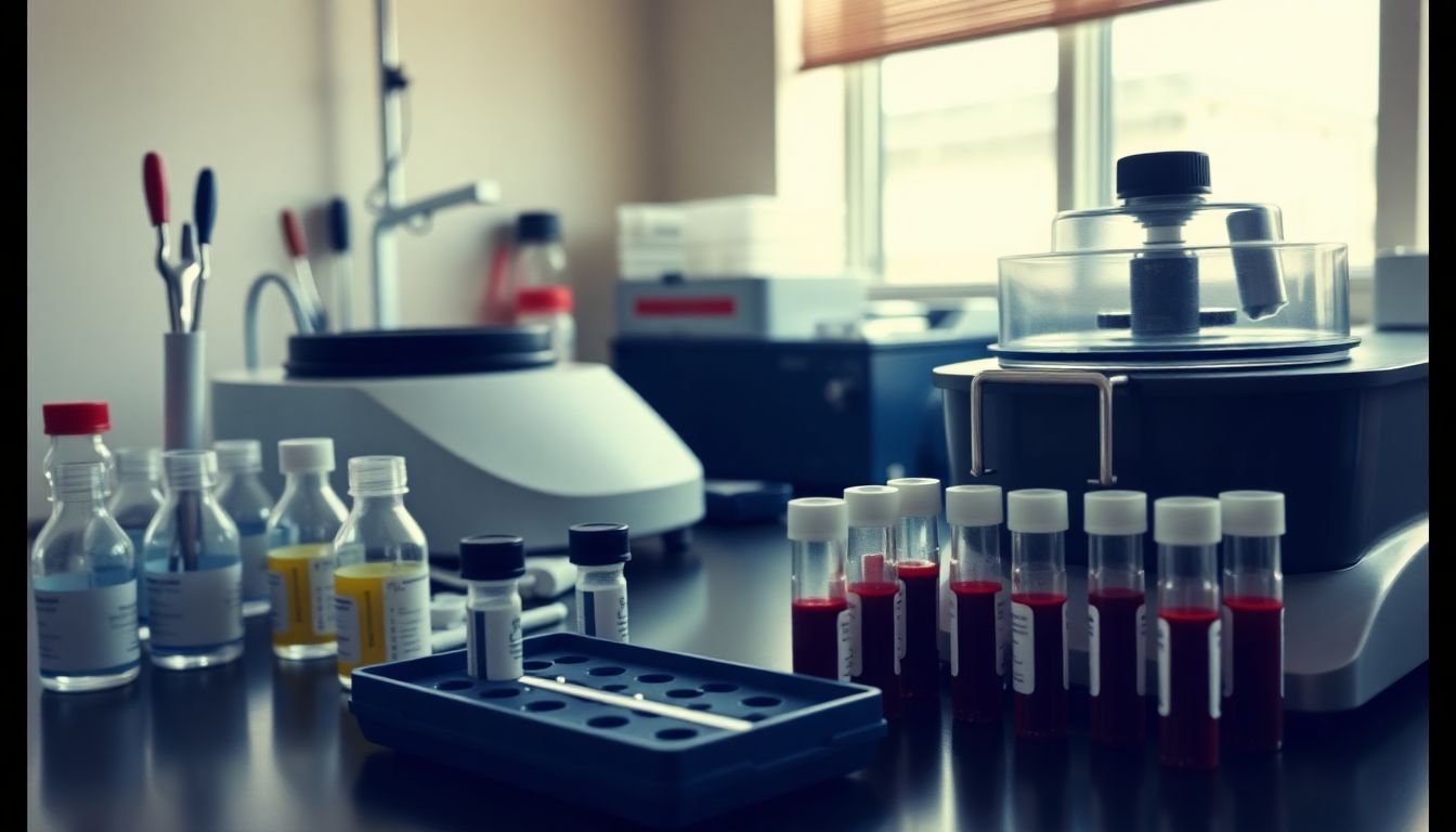 A laboratory featuring blood testing equipment and tools. A laboratory featuring blood testing equipment and tools.