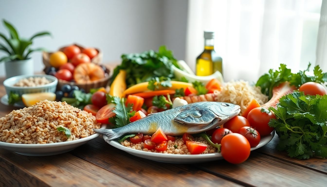 A Mediterranean-inspired meal featuring fresh whole grains, fruits, vegetables, and fatty fish.