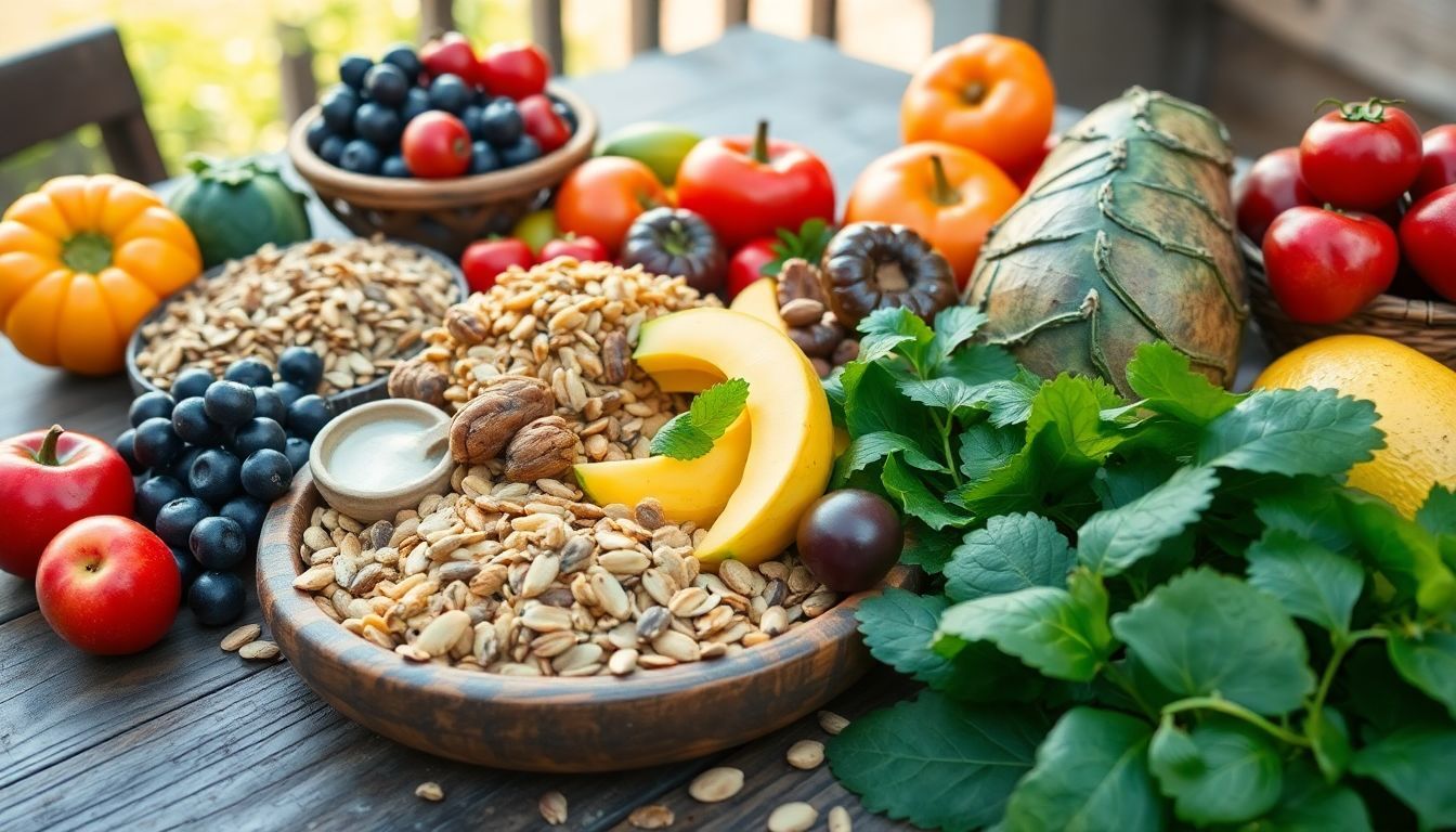 A spread of fresh, brain-boosting foods on a wooden table.