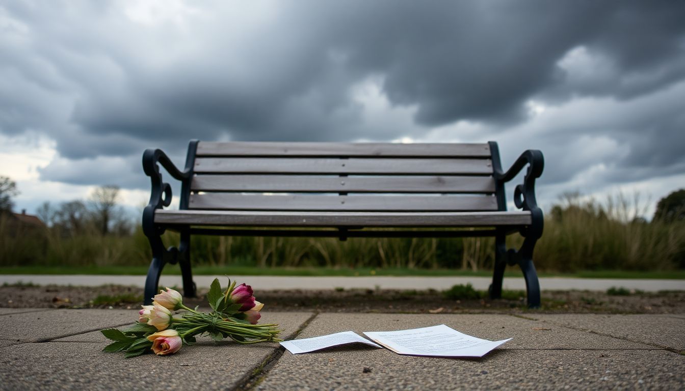 A deserted park bench with wilted flowers and a torn love letter. A deserted park bench with wilted flowers and a torn love letter.