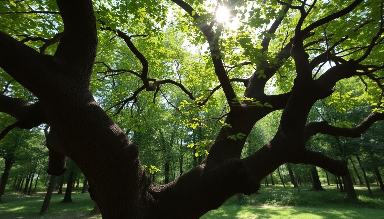 A peaceful forest with an old tree and sunlight filtering through.